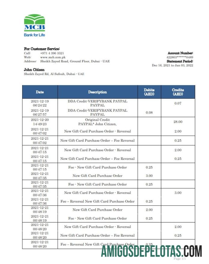 UAE MCB modelo de extrato bancário